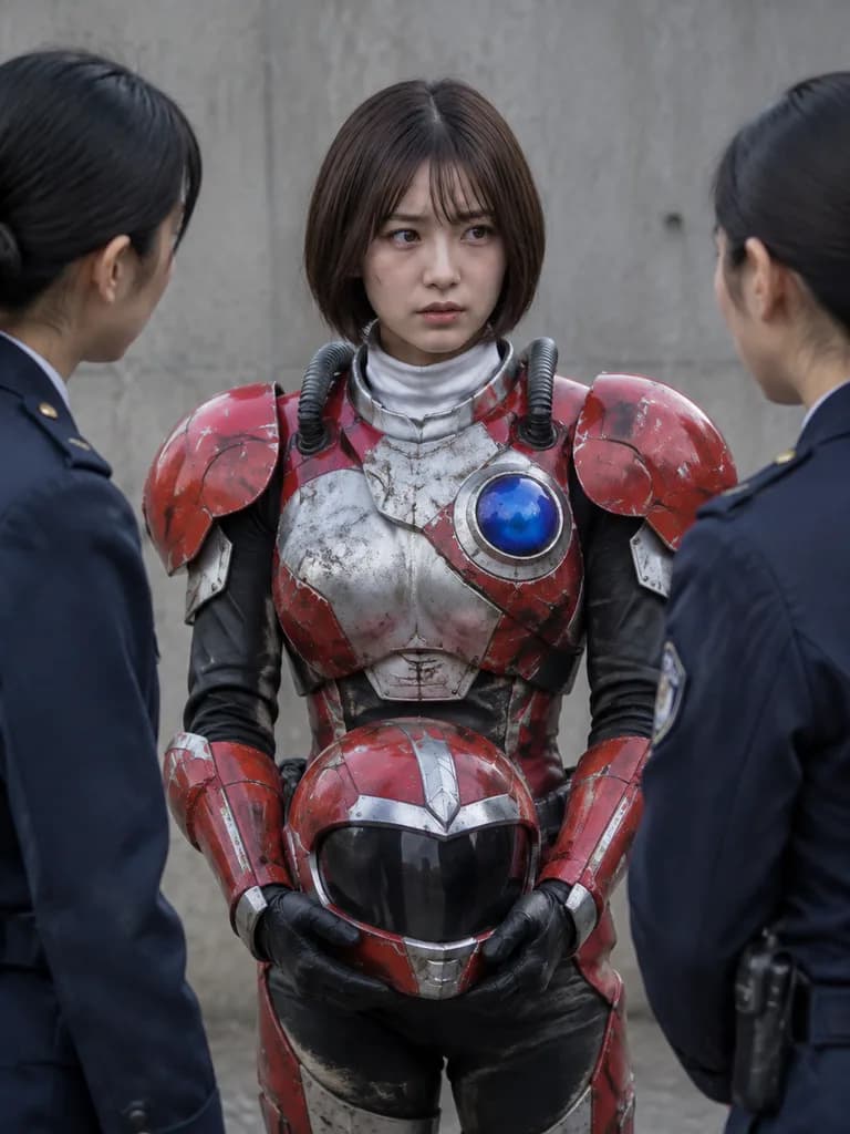 Armored Heroine Interrogated by Police Officers