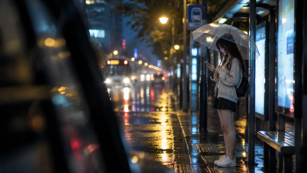 雨夜公交站纪实抓拍