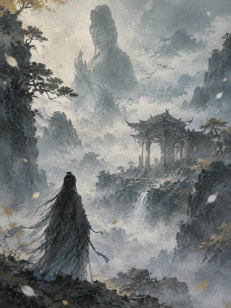 東方水墨霧隱觀音奇幻插畫