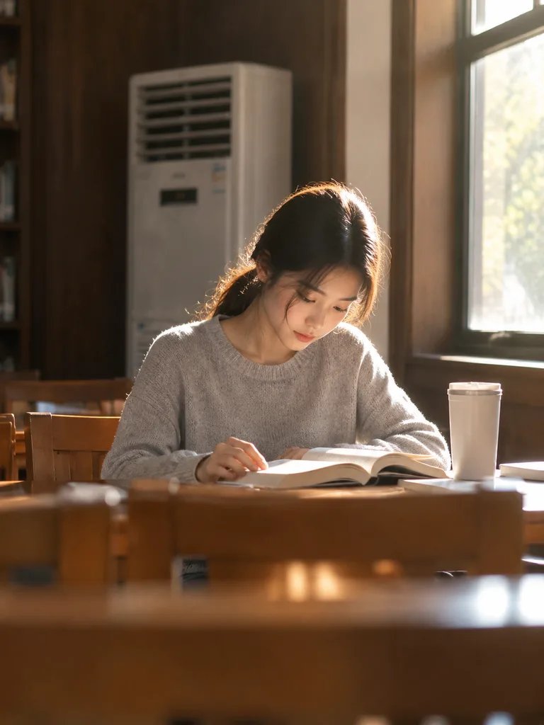 陽射し差す図書館での勉強ポートレート