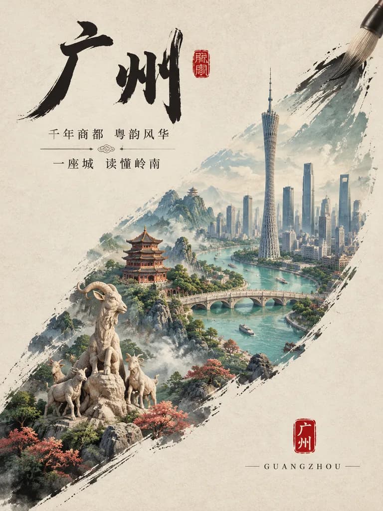 水墨画と書道の都市観光ポスター