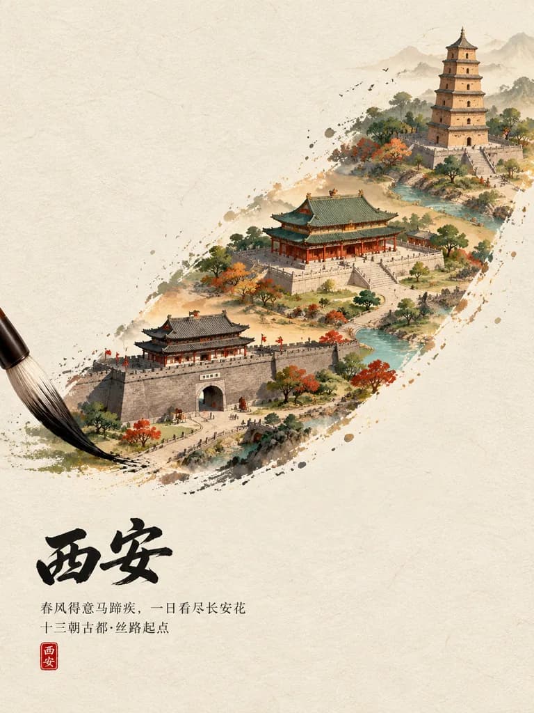 수묵화 붓터치 중국 역사 도시 관광 포스터