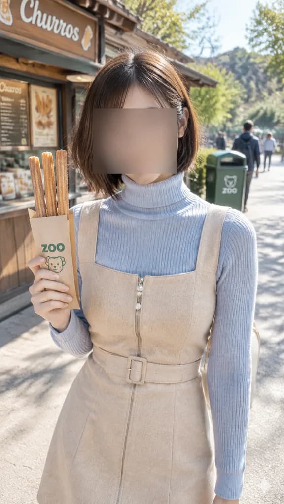 Retrato casual com churros no zoológico