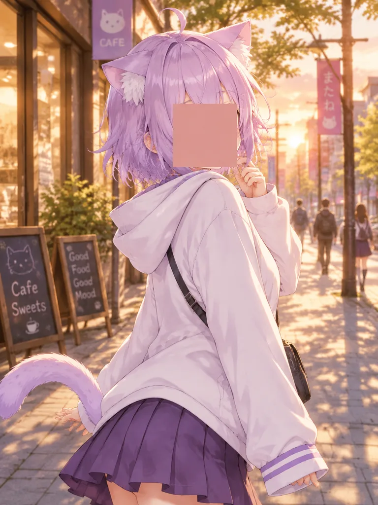 Pastel Catgirl on Golden Hour Street