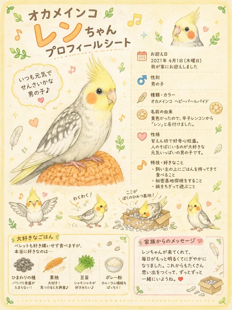 オカメインコの手作り風プロフィールポスター