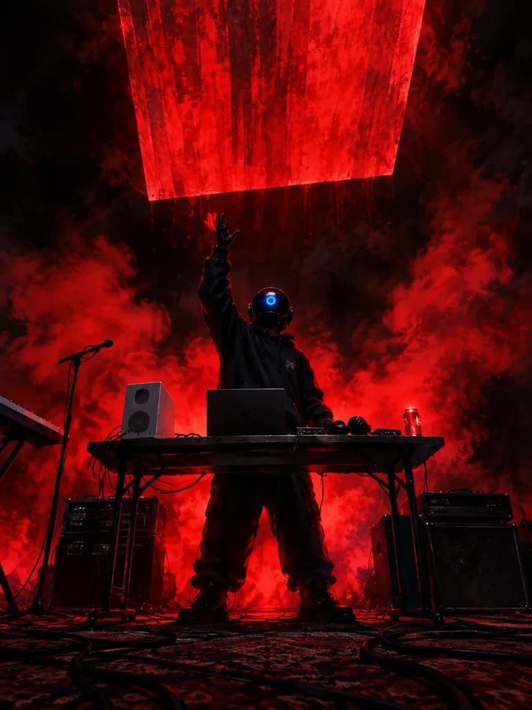 Futuristic Electronic Musician Under Red Monolith
