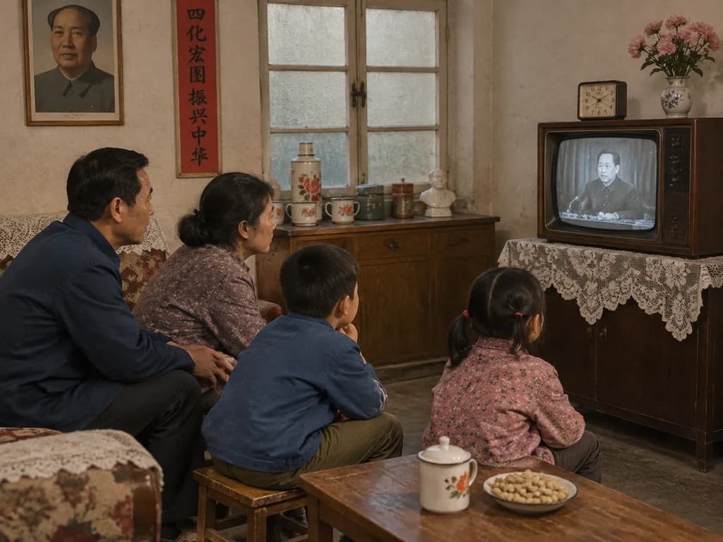 八零年代中國家庭看電視場景