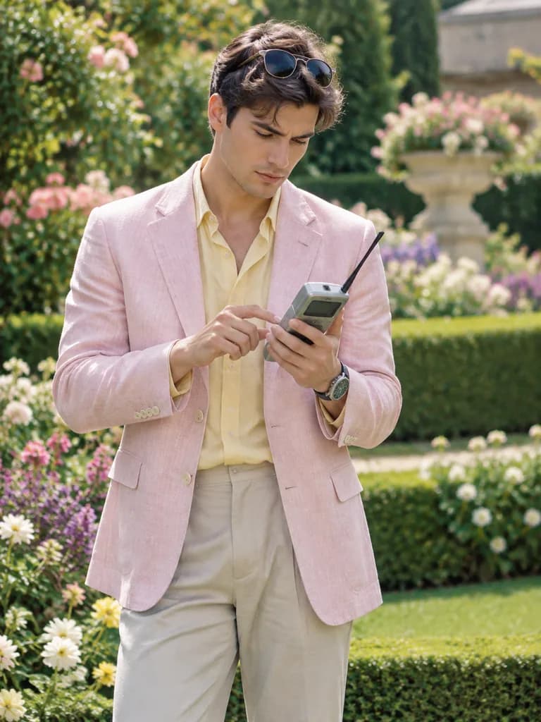 Stylish Man with Retro Mobile Device in Garden