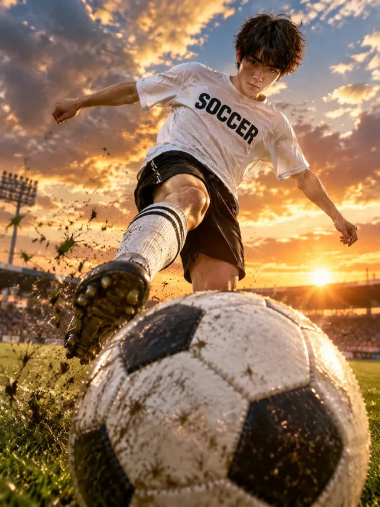 Low-Angle Sunset Soccer Action Shot