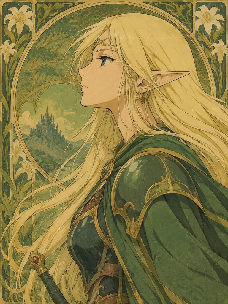 Ritratto di guerriera elfa in stile anime anni '90