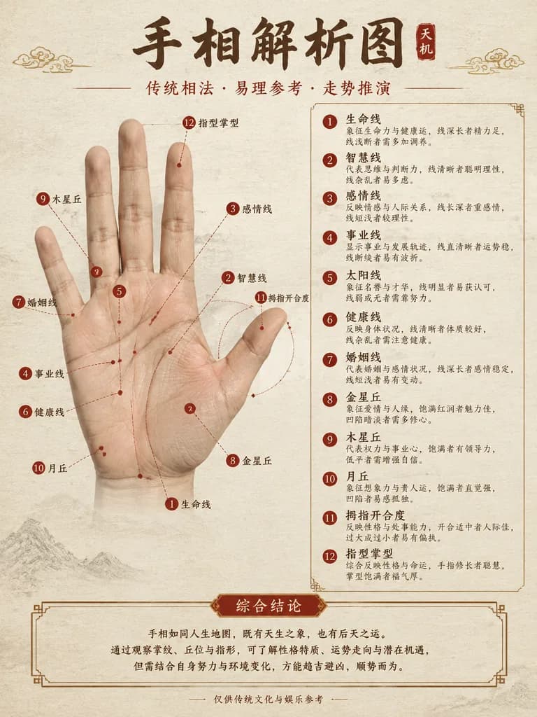 中式玄學手相解析資訊圖