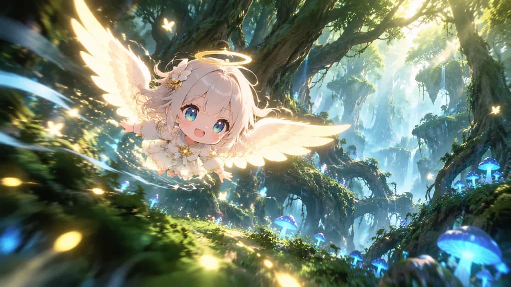 Chibi Angel Flying Through Mystical Forest