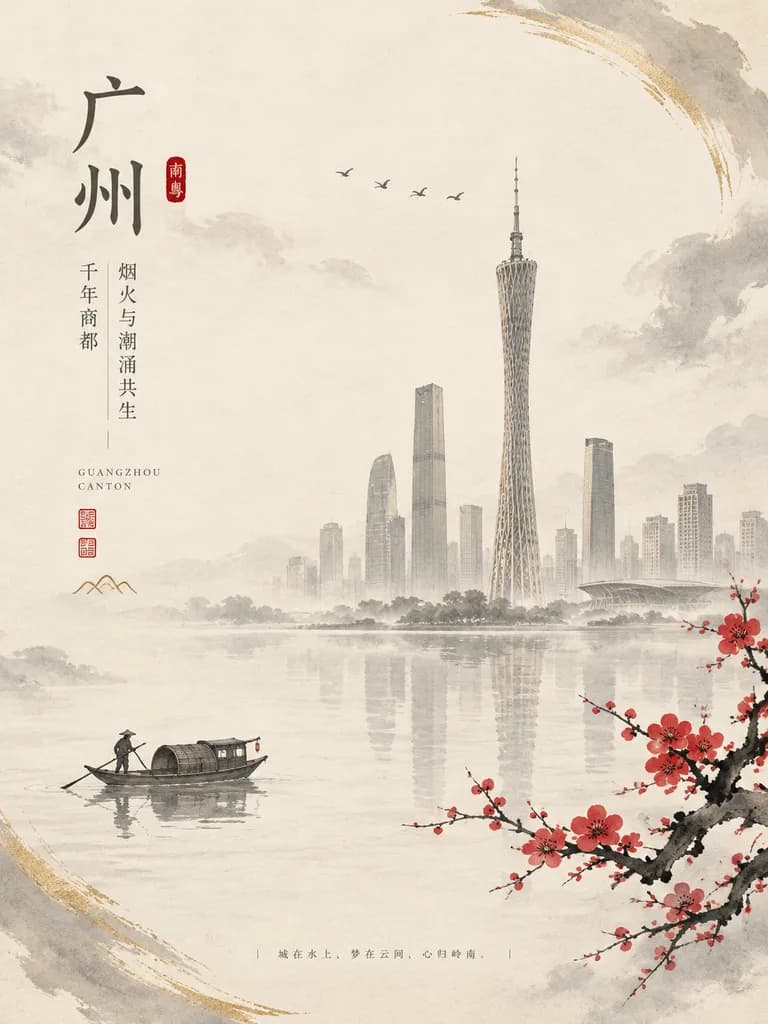 Chinese Ink Wash Guangzhou City Poster