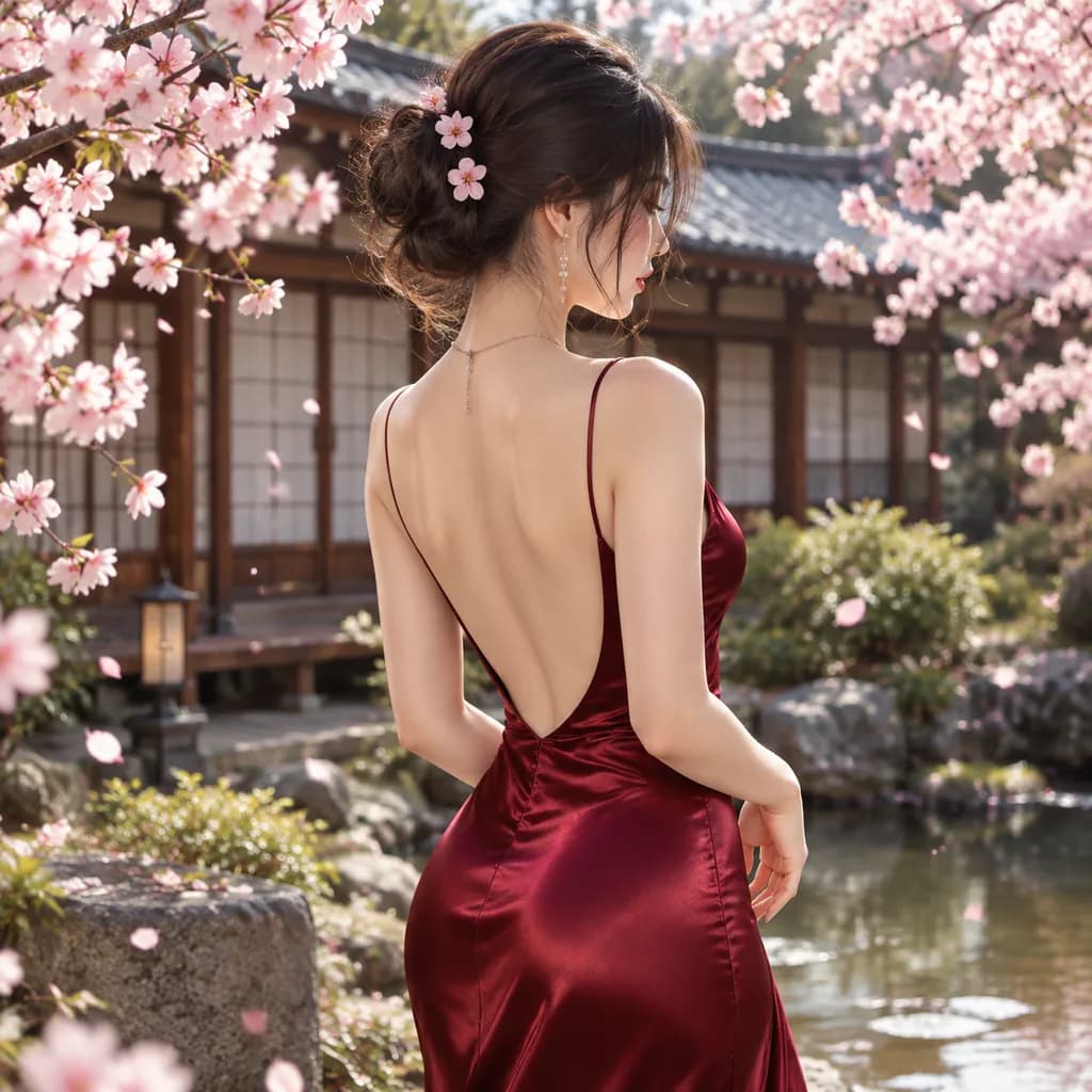 Satin Dress in Cherry Blossom Courtyard