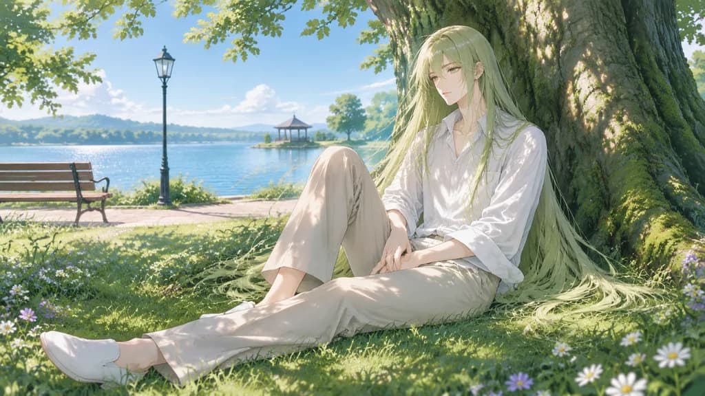 Anime Character Resting Under Lakeside Tree