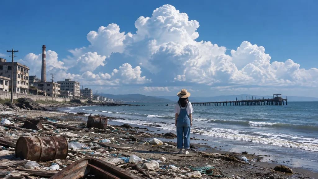 工業地帯の荒れた砂浜に佇む人影