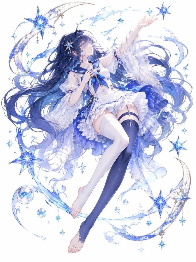 純白背景中漂浮的星空少女