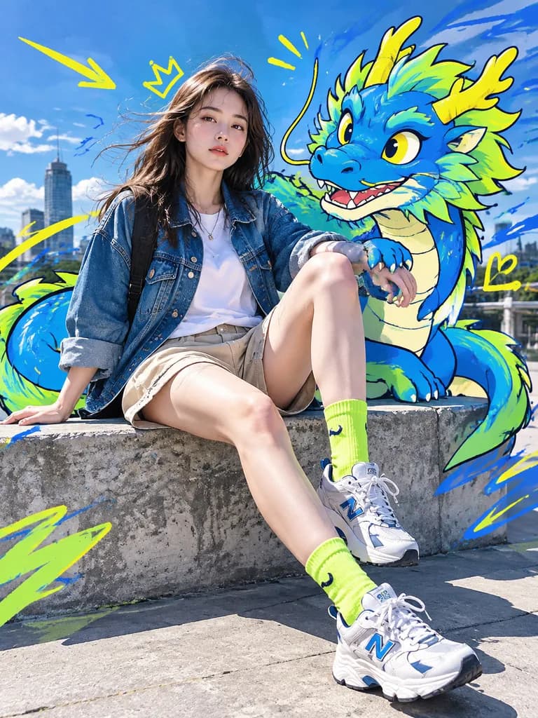 Mixed-Media Fashion Editorial with Cartoon Creature
