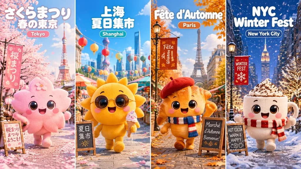 四季城市节庆毛绒玩偶海报