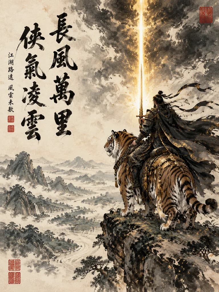 Guerrier Chevauchant un Tigre à l'Encre de Chine