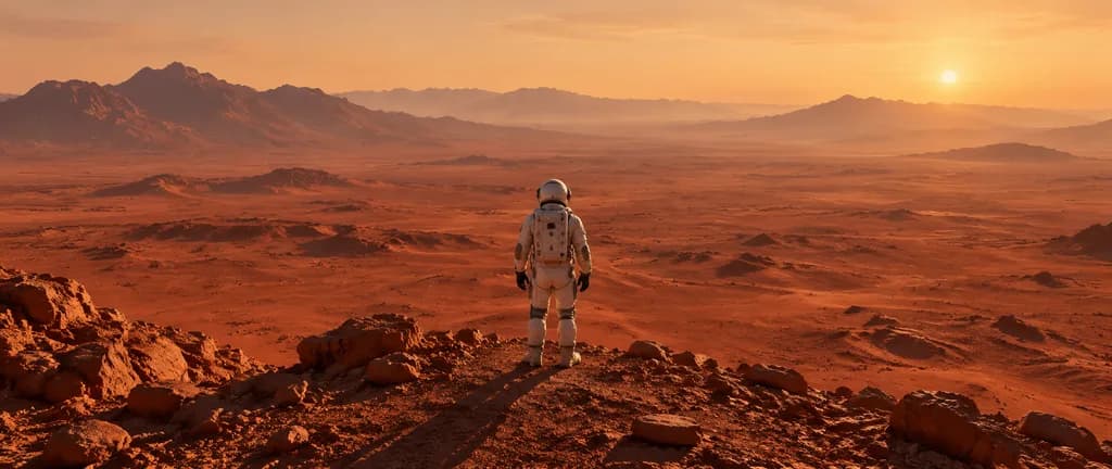 赤い砂漠の世界を見渡す宇宙飛行士