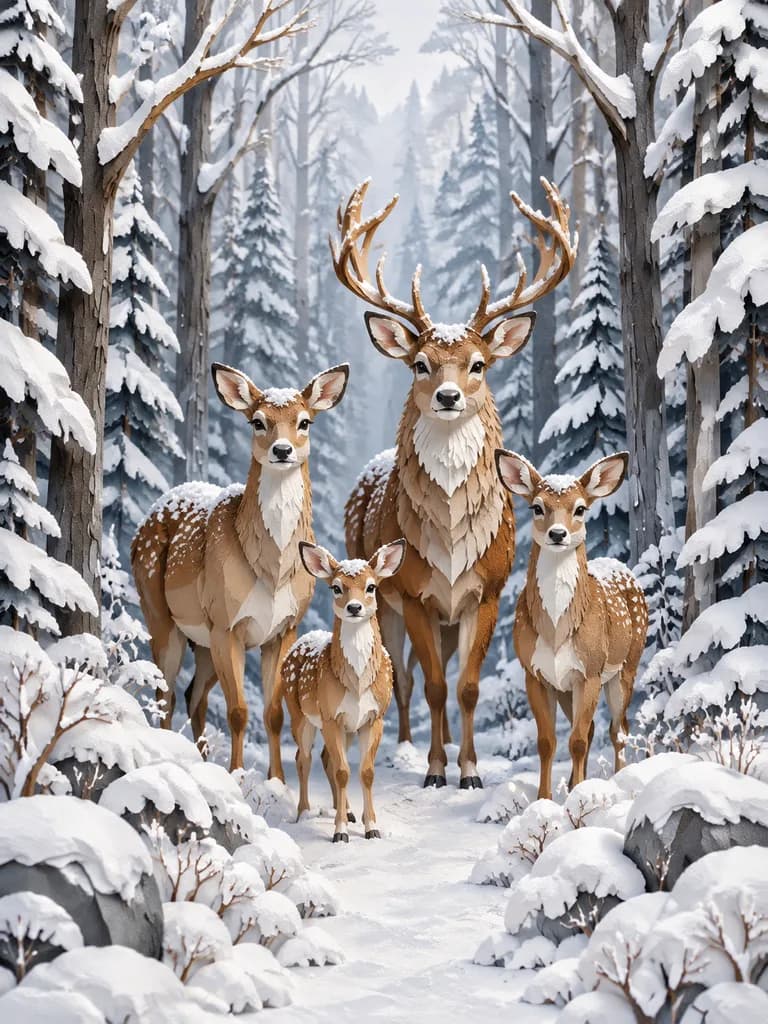 Winter Forest Papercut Deer Family
