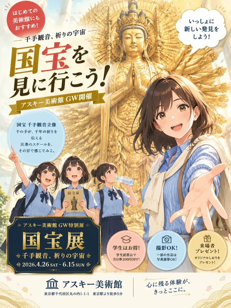 千手観音とアニメ調の美術館展覧会ポスター