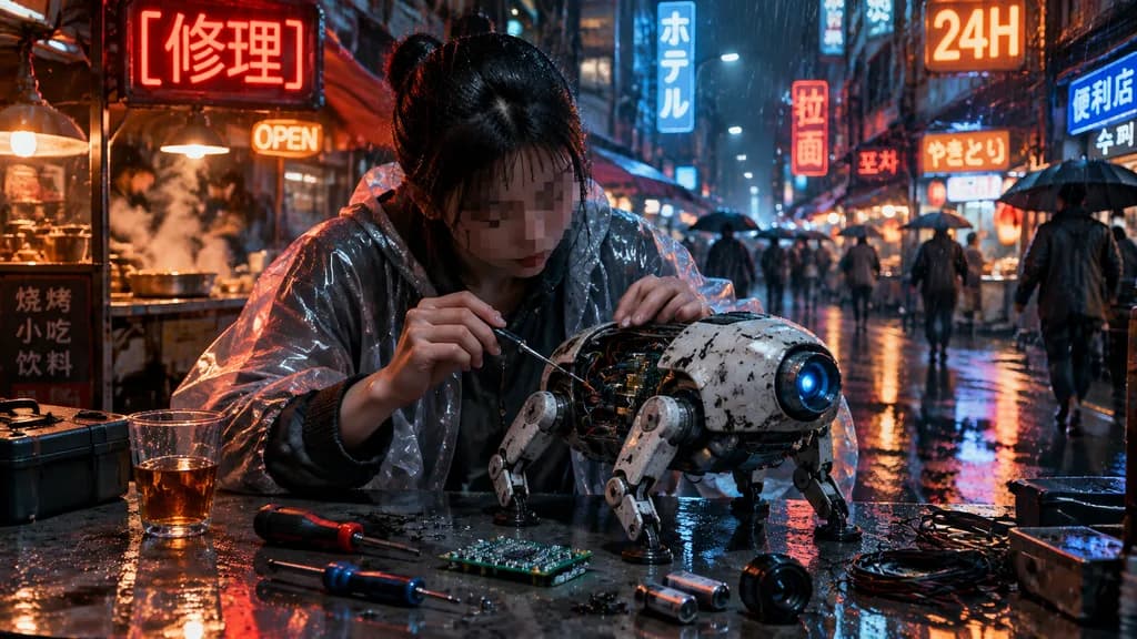賽博龐克雨夜機器人修理工
