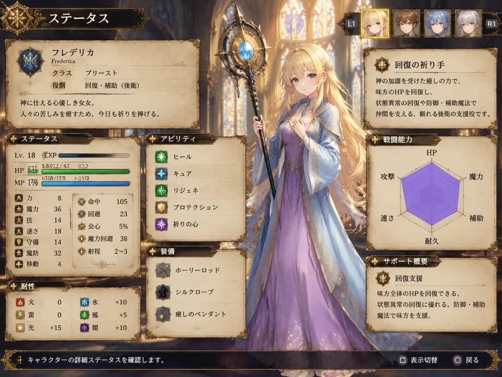 タクティカルJRPG プリーストステータス画面