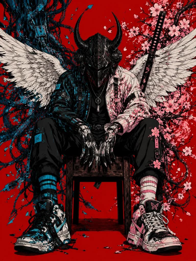 Symmetrical Cyberpunk Samurai Fallen Angel Poster