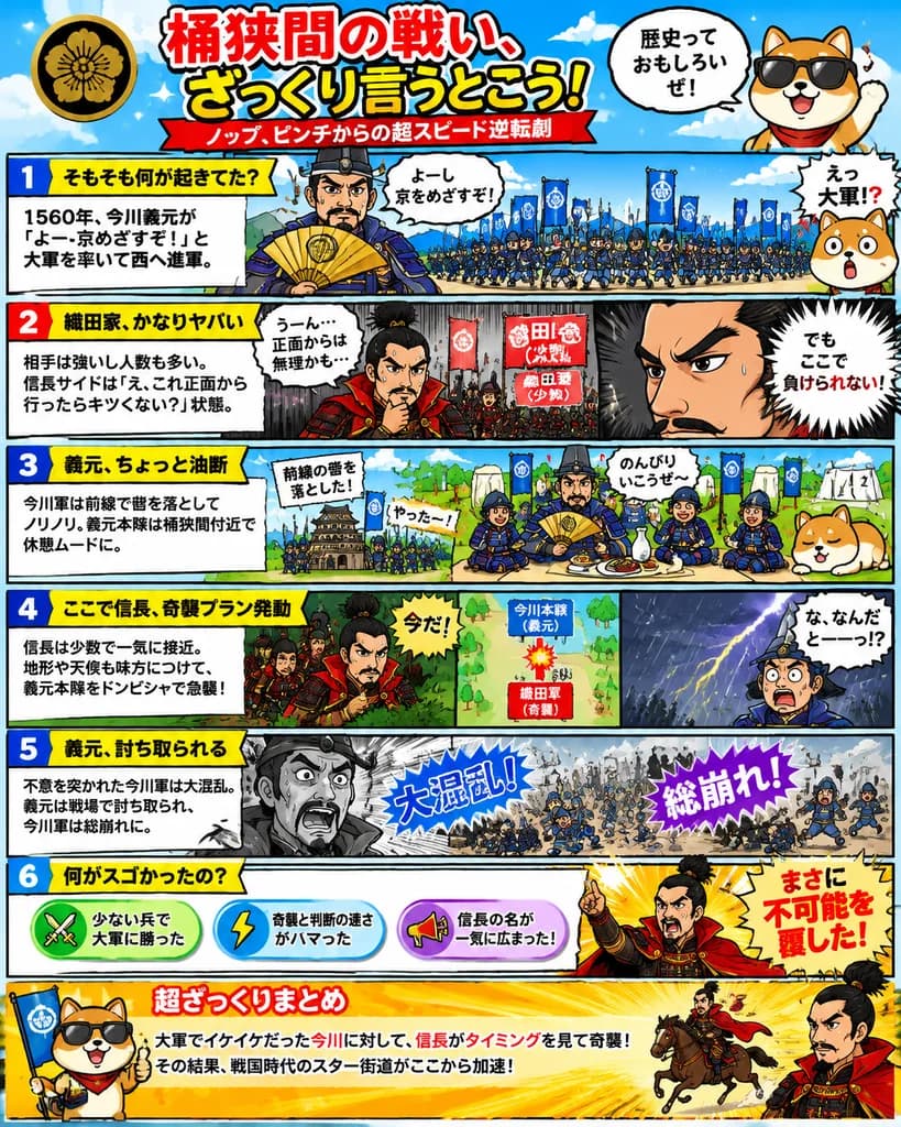 오케하자마 전투 만화 역사 인포그래픽 포스터