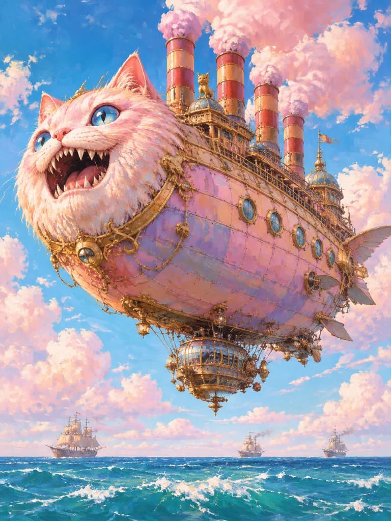 Steampunk Cat Airship Over the Ocean