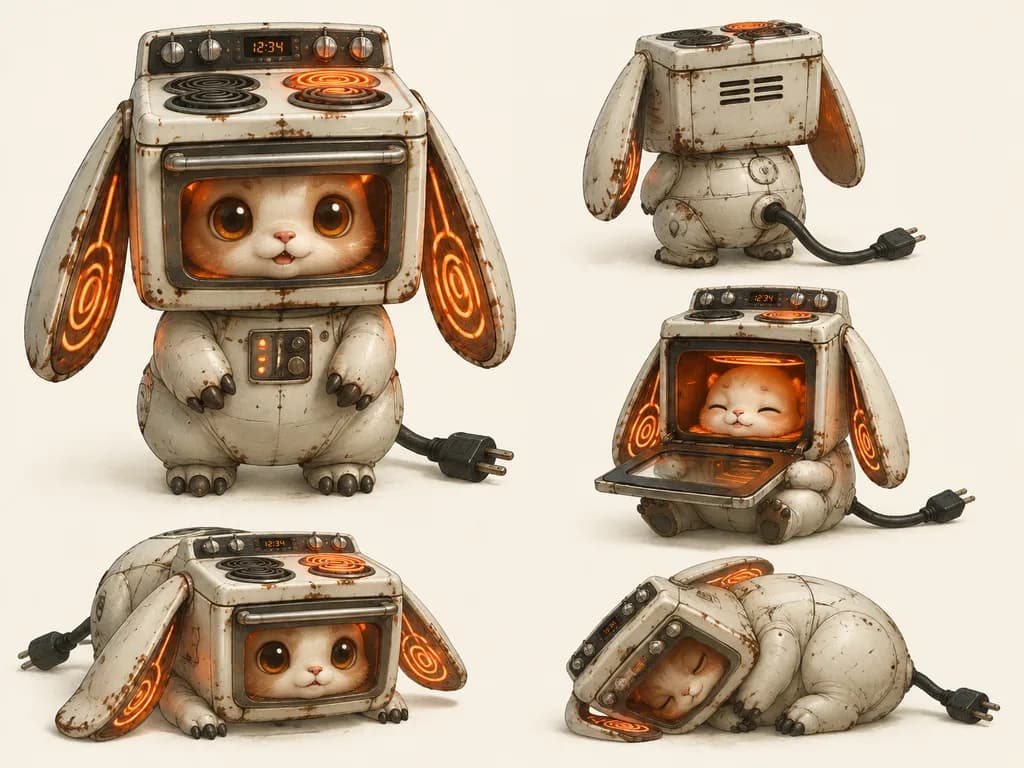 Retro Stove Bunny Creature Concept Sheet