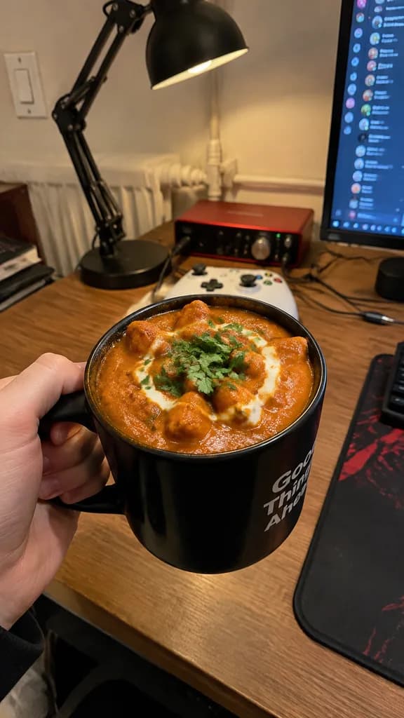 Curry-Tasse am Schreibtisch