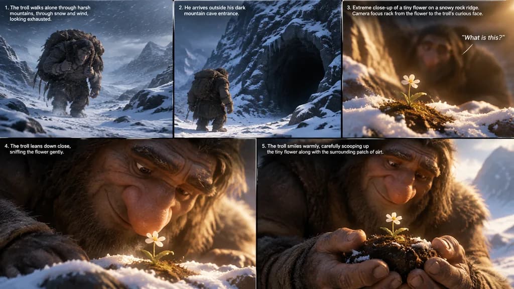 Storyboard of Troll Finding Mountain Flower