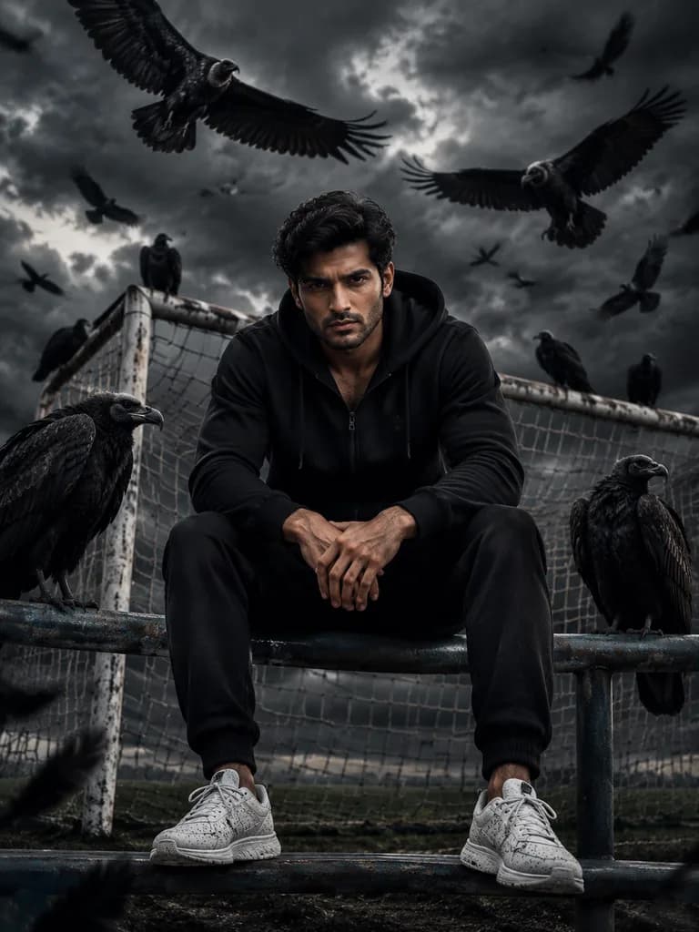 Moody Male Portrait with Vultures and Ravens
