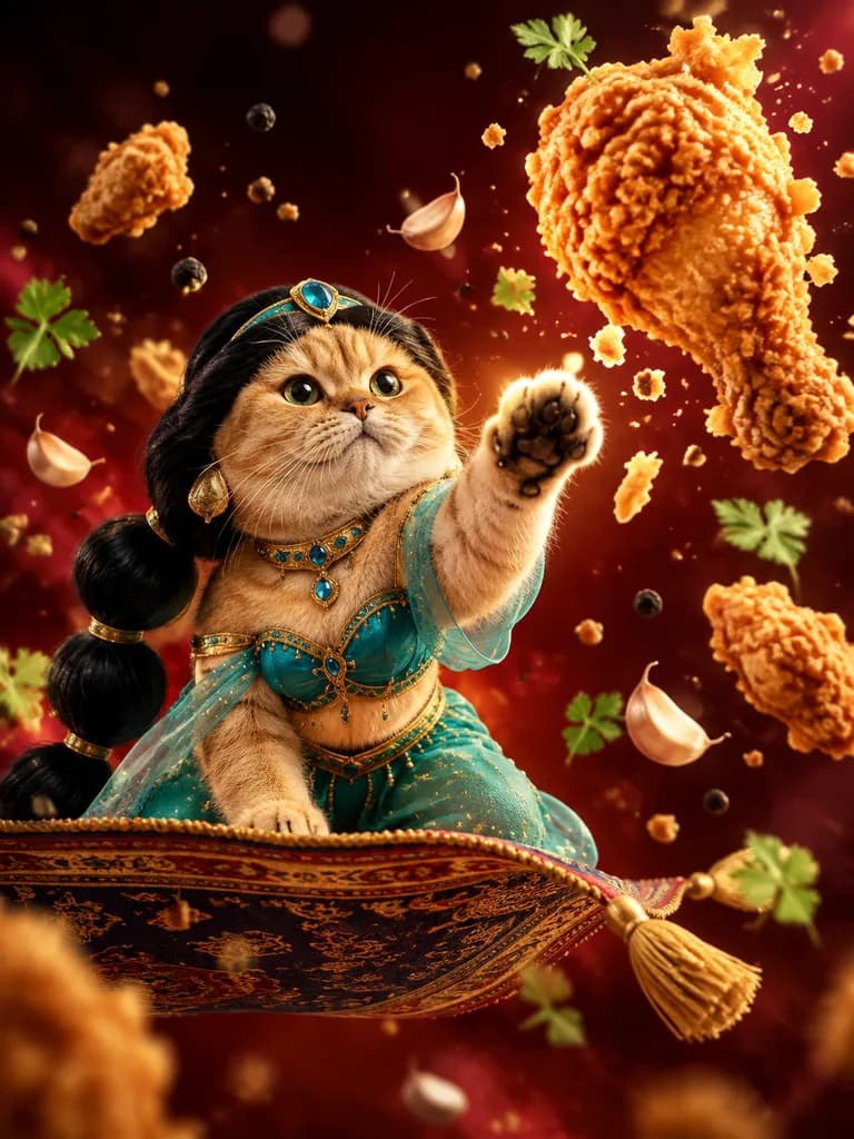 Cosplay Cat Floating Fried Chicken Advertisement
