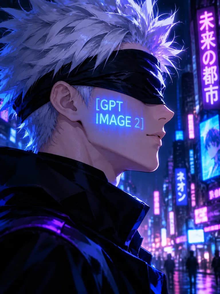 Cyberpunk Anime Portrait with Projected Neon Text