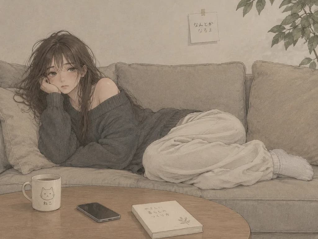 Tired Woman Lounging on Sofa Illustration