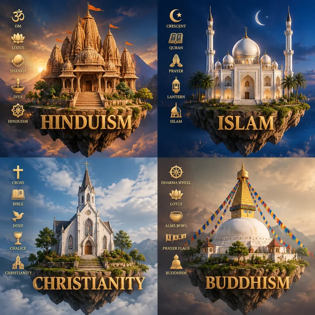 Four World Religions 3D Diorama Infographic