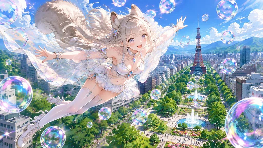 Flying Squirrel Anime Girl Over City