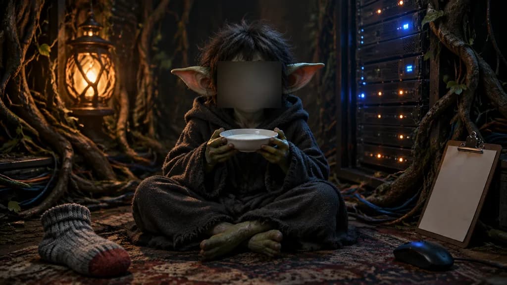 木の根が生い茂るサーバルームのゴブリン