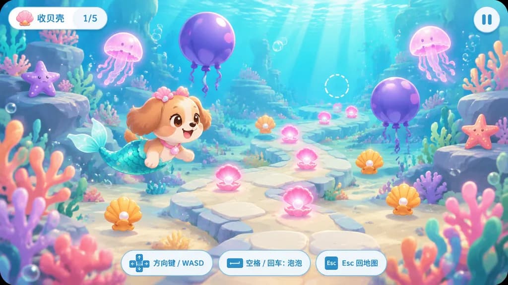 Tela de jogo submarino com cachorrinho sereia