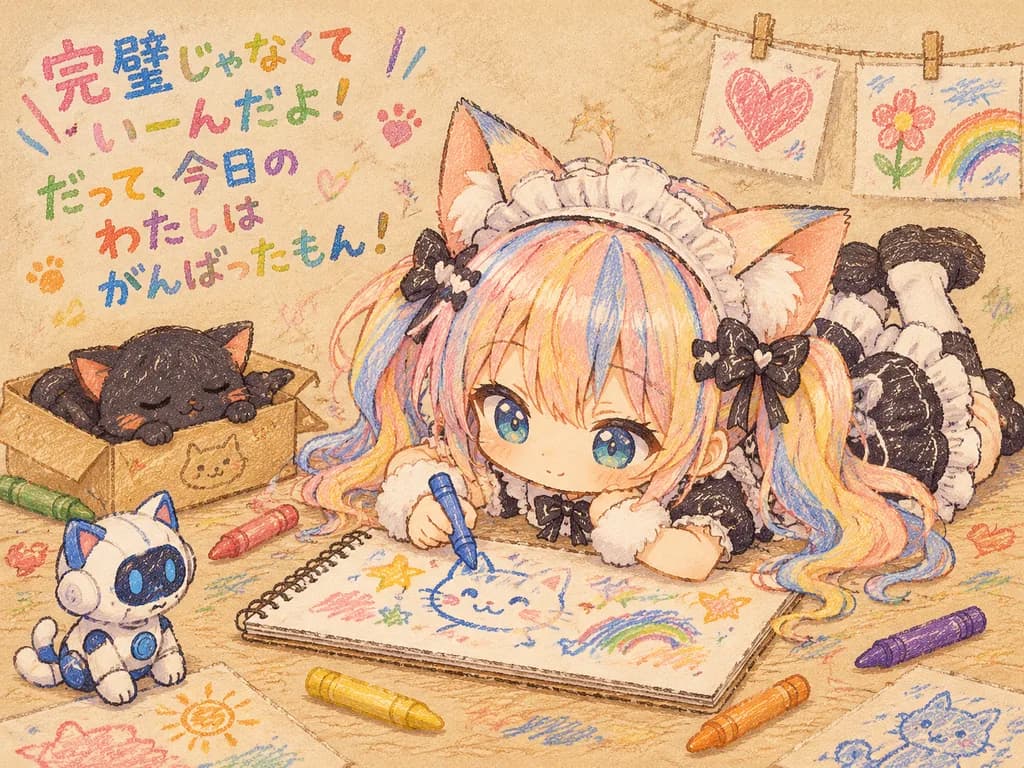 Chibi Cat Maid Crayon Illustration