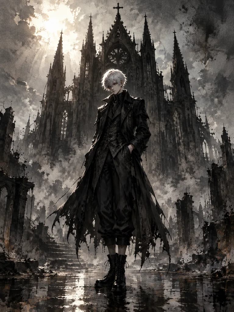 Gothic Anime Man Before Ruined Cathedral