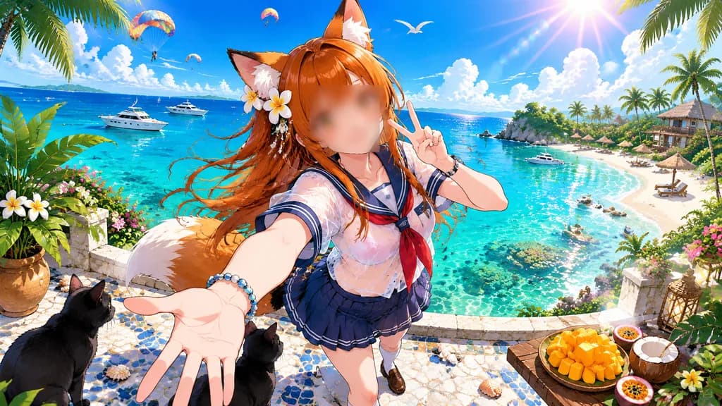 Anime Fox Girl on Beach Terrace