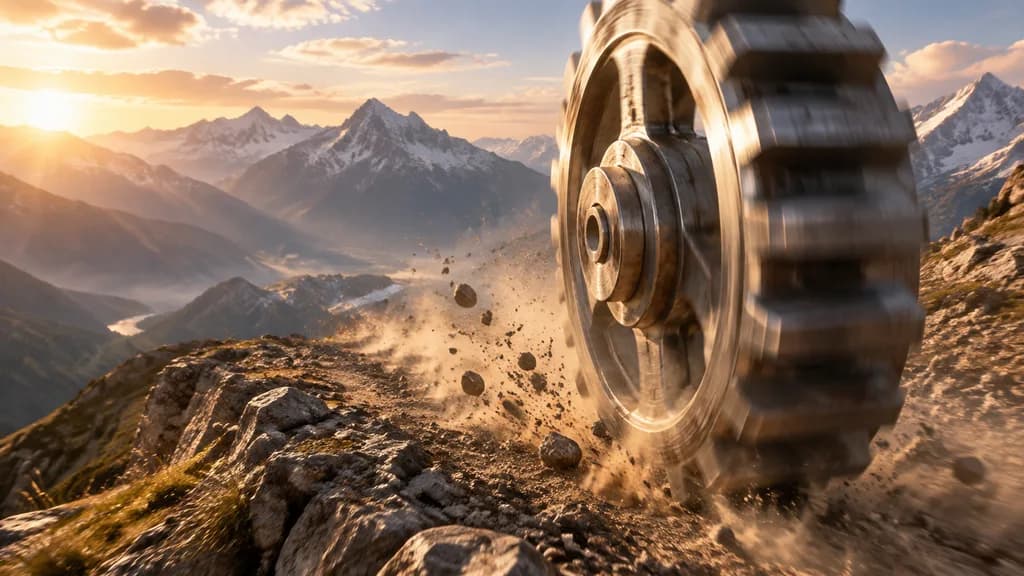 Giant Steel Gear Rolling on Mountain Ridge
