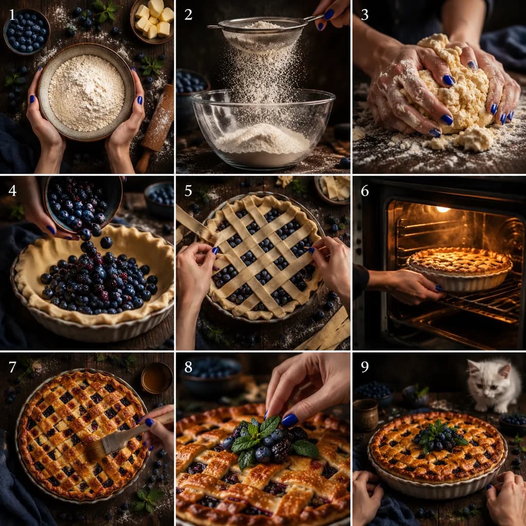 Artisanal Blueberry Pie Baking Process Collage