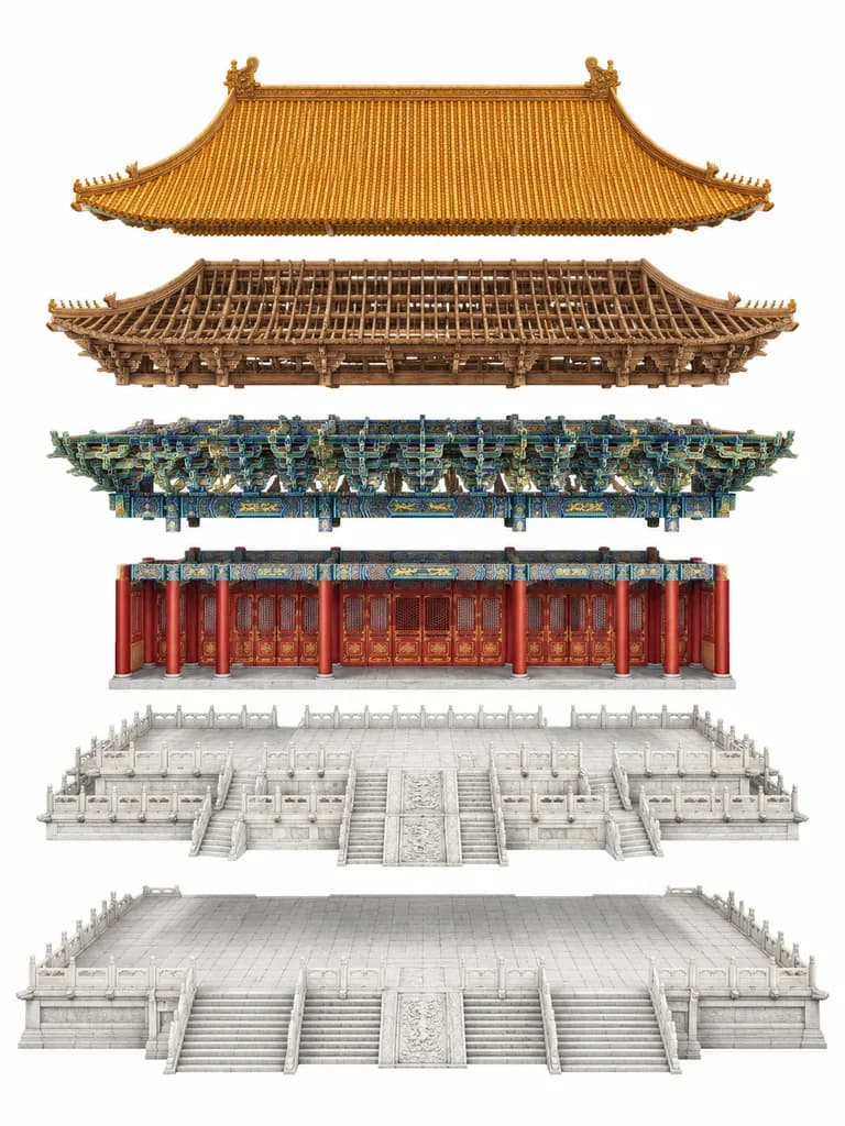 Exploded Chinese Palace Hall Architectural Diagram