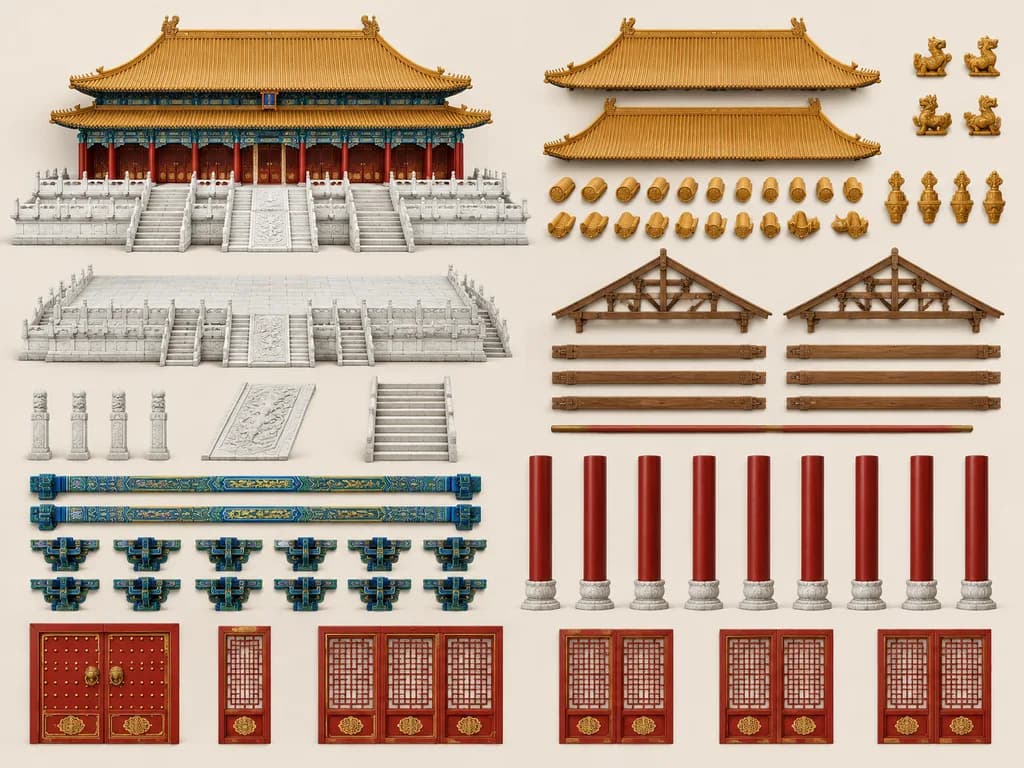 中国宮殿建築パーツ展開ディスプレイ
